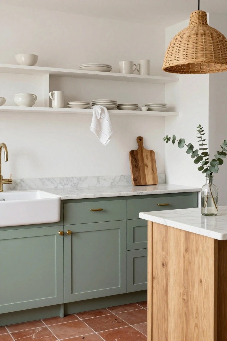 Kitchen interior with sage green lower cabinets, white marble countertops, wooden island, brass faucet in white farmhouse sink, white open shelves with dishes, rattan pendant light, and terracotta tile floor.