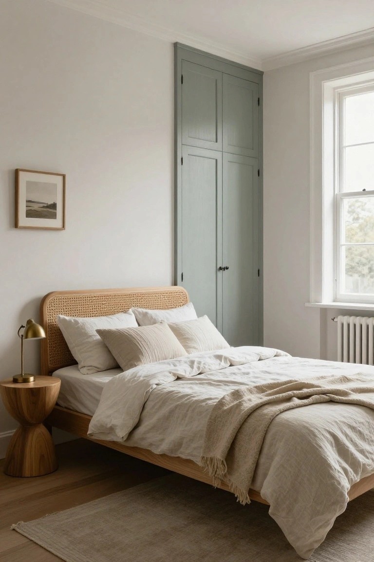 Bedroom corner featuring a low platform bed with rattan headboard and white linen bedding, a tall sage green paneled wardrobe, wooden stool side table with brass lamp, white walls, sash window, and beige rug on wood floor.