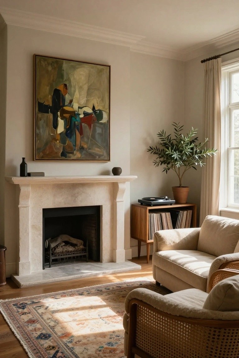 Living room corner with limestone fireplace, large framed abstract painting above mantel holding a dark bottle and book, wooden record player cabinet with vinyl records beside it, potted olive tree, two cream sofas, rattan armchair, and Persian rug on oak floors.