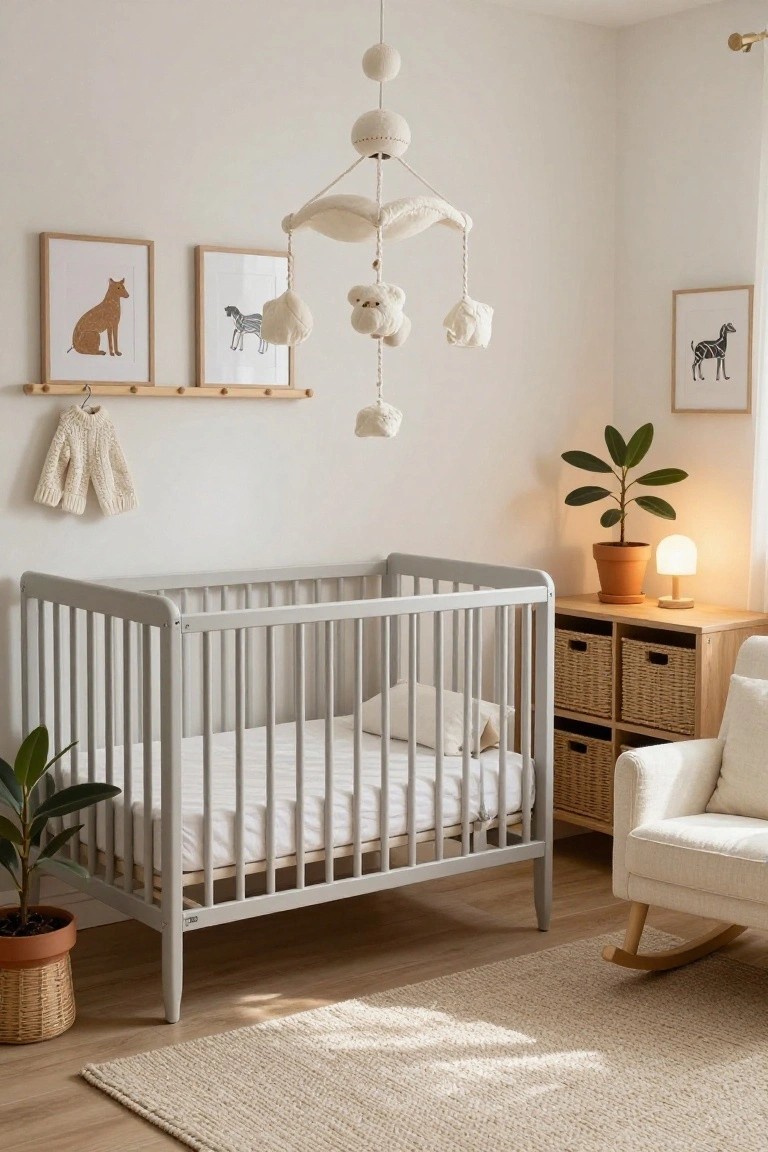 Light gray crib with white bedding and knit teddy bear mobile in a neutral nursery room featuring framed animal line art, potted plants, wicker baskets, hanging knit sweater, wood shelves, and white rocking chair on beige rug.