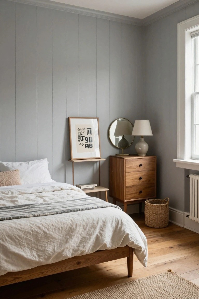 A bedroom corner with gray vertical plank walls, a low wooden bed with white linen bedding and striped throw, wooden dresser topped with lamp mirror and books, wicker basket, seagrass rug, and hardwood floors.