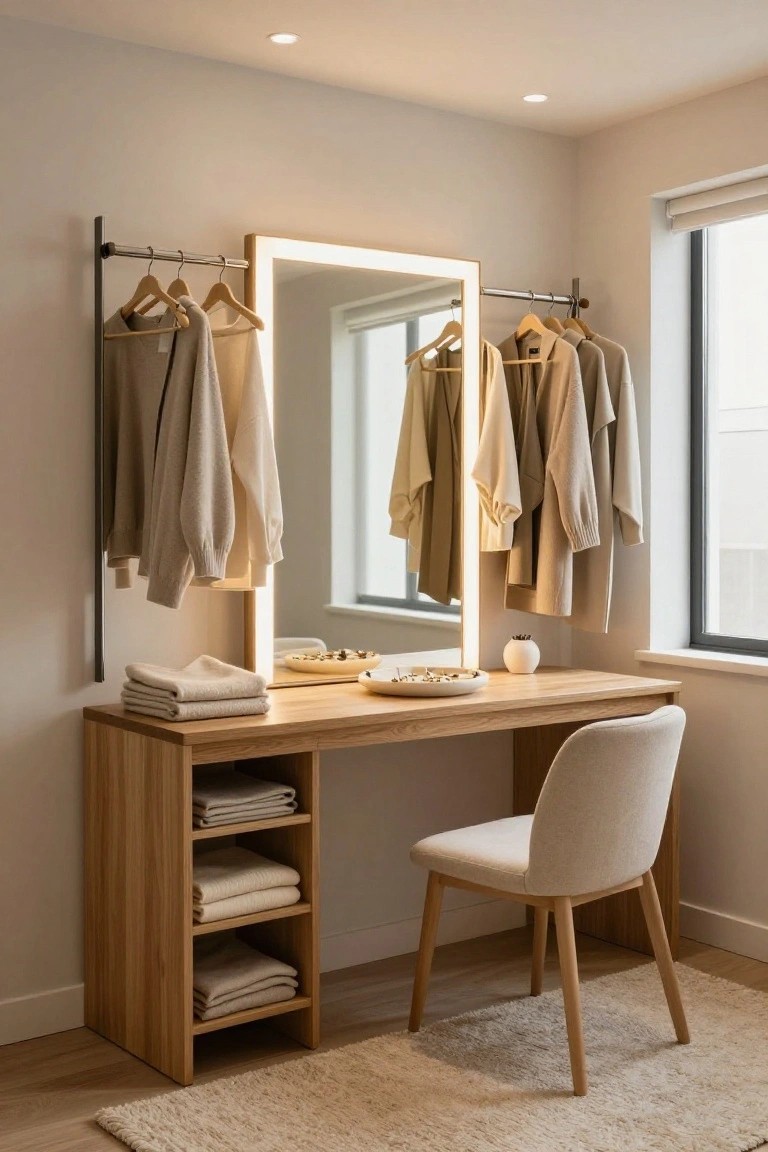 A minimalist dressing area with a light oak vanity desk, backlit rectangular mirror, wall-mounted metal rail holding beige sweaters and coats on wooden hangers, stacked towels on the desk and shelves, and a cream fabric chair on a light rug.
