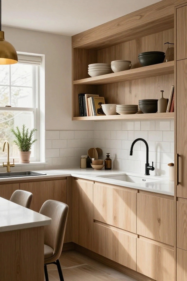 Modern kitchen with light oak cabinets and open wooden shelves displaying stacked white plates, ceramic bowls, books, and vases, next to white subway tile backsplash, black faucet sink, white quartz island, and two beige upholstered stools.