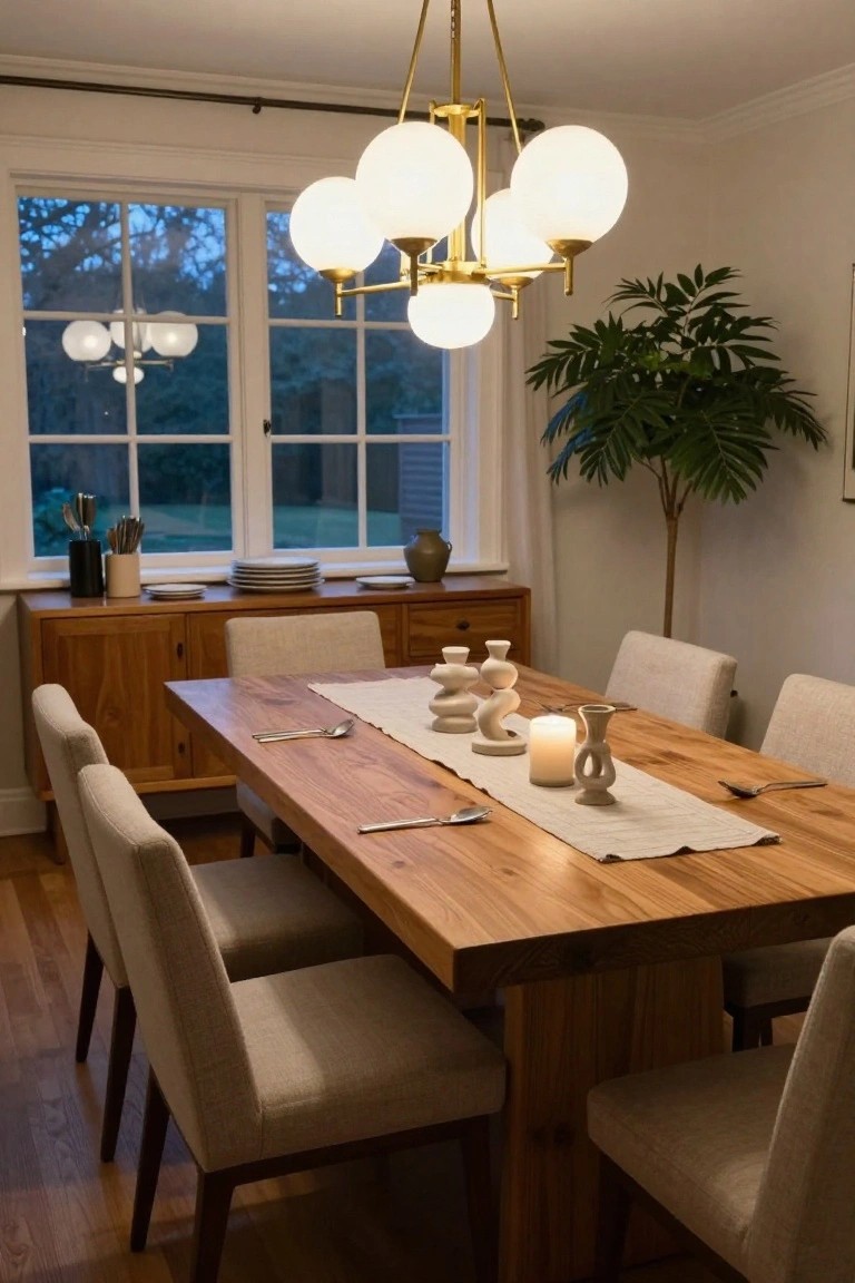 A dining room with a large rectangular wooden table, beige upholstered chairs, beige table runner, ceramic vases and candles on the table, wooden sideboard with dishes, multi-globe brass chandelier, tall potted plant, and large windows showing a garden view at evening.