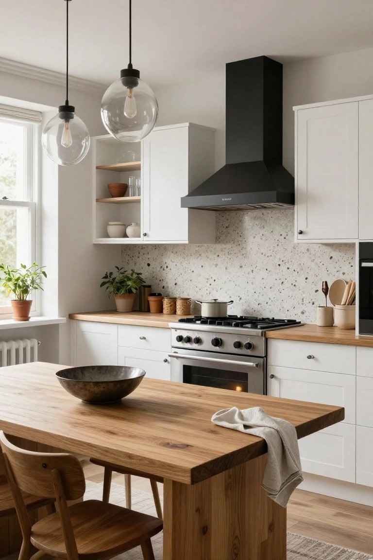 Bright kitchen with white shaker-style cabinets, light wood countertops, speckled white terrazzo backsplash, black range hood over stainless steel stove, wooden dining table with chairs, plants, and glass globe pendant lights.