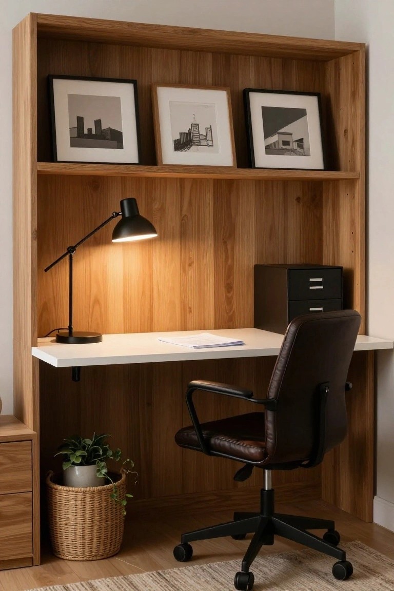 Light wood built-in shelving unit with three framed black-and-white photos on top shelf, black desk lamp, black two-drawer file cabinet, floating white desk with papers, brown leather office chair, potted plant in woven basket, against matching wood-paneled wall in a home office nook.