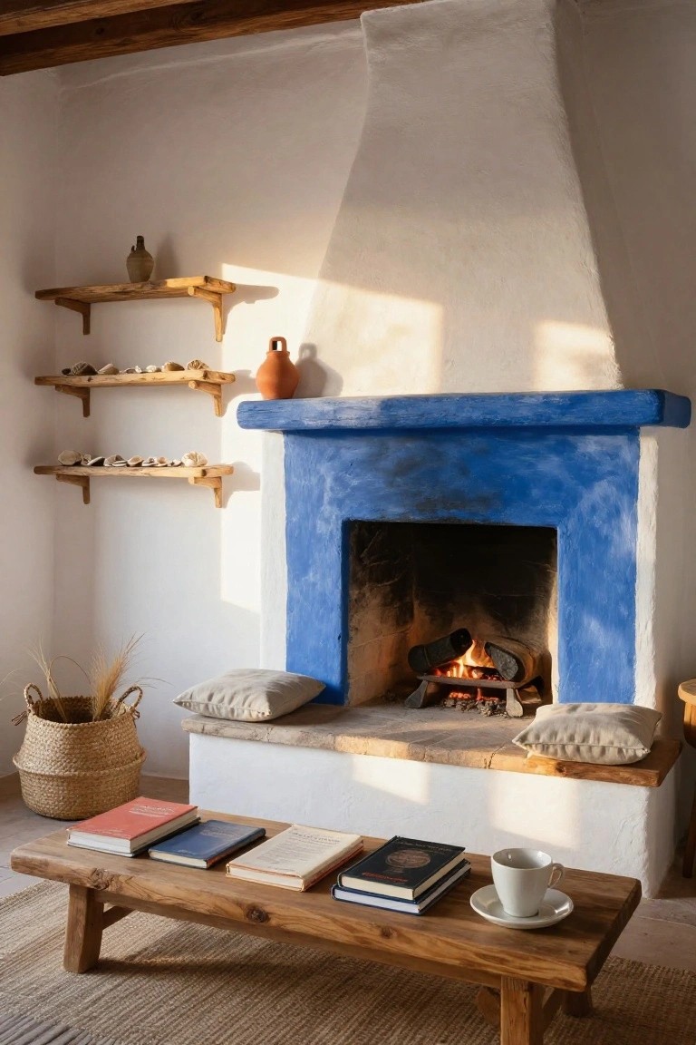 Cozy interior room with a blue-painted stone fireplace containing a burning fire, wooden shelves holding shells and pottery, beige cushions on the hearth ledge, a wooden coffee table with stacked books and a teacup on a saucer, and a woven basket with dried grasses nearby.
