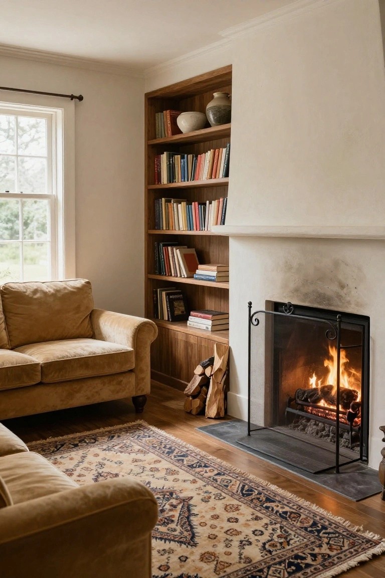 A living room corner with wooden built-in bookshelves on both sides of a lit stone fireplace, tan upholstered armchairs, stacked firewood, and a beige patterned rug on wood floors.