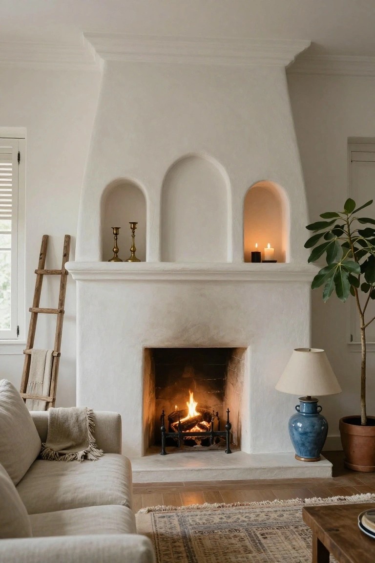 White arched plaster fireplace surround with niches holding black candles and brass candlesticks, a wood fire burning inside, beside a beige linen sofa and potted plant in a light room with oak floors.