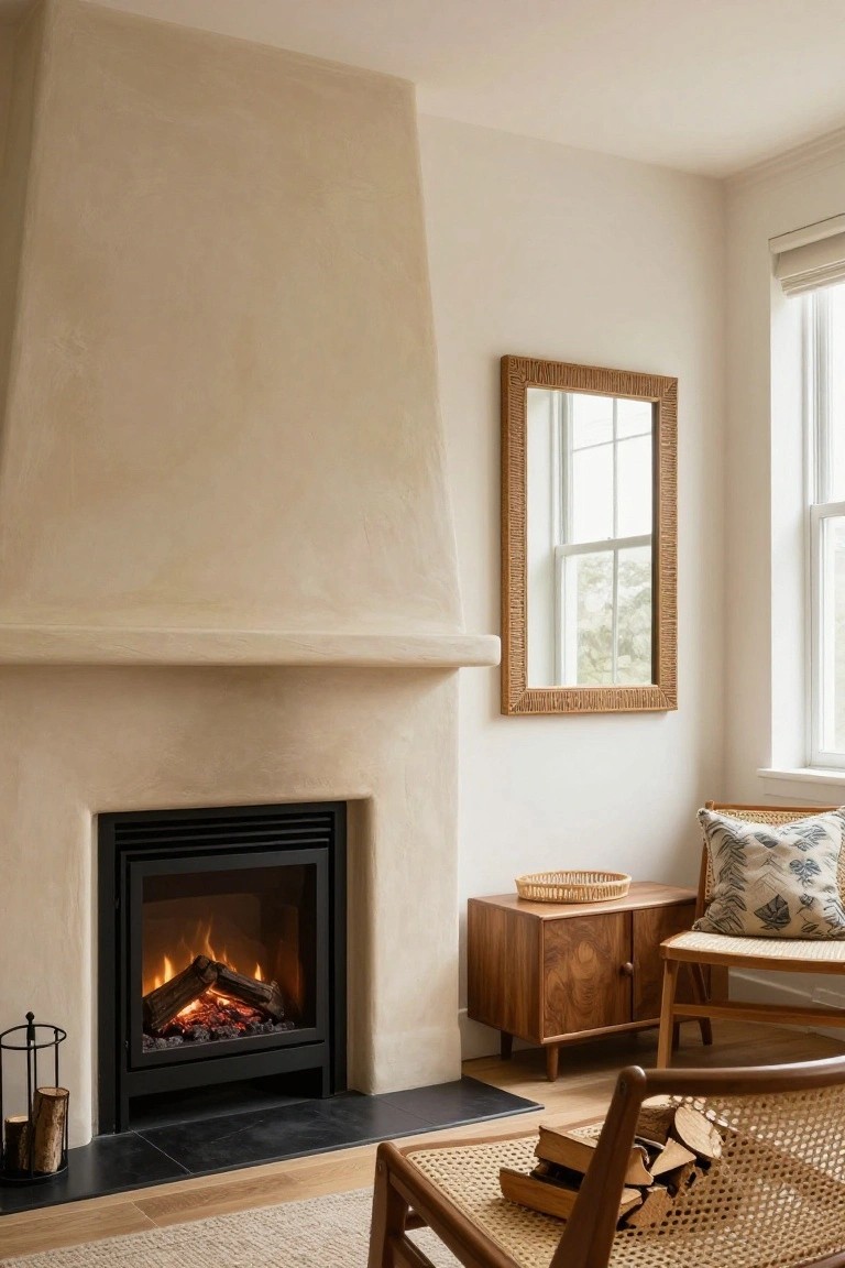 Tall beige stucco fireplace surround with lit gas flames in a modern insert, wooden credenza holding a basket, rattan chair with pillow and stacked logs, wood mirror on white wall, near window and rug.