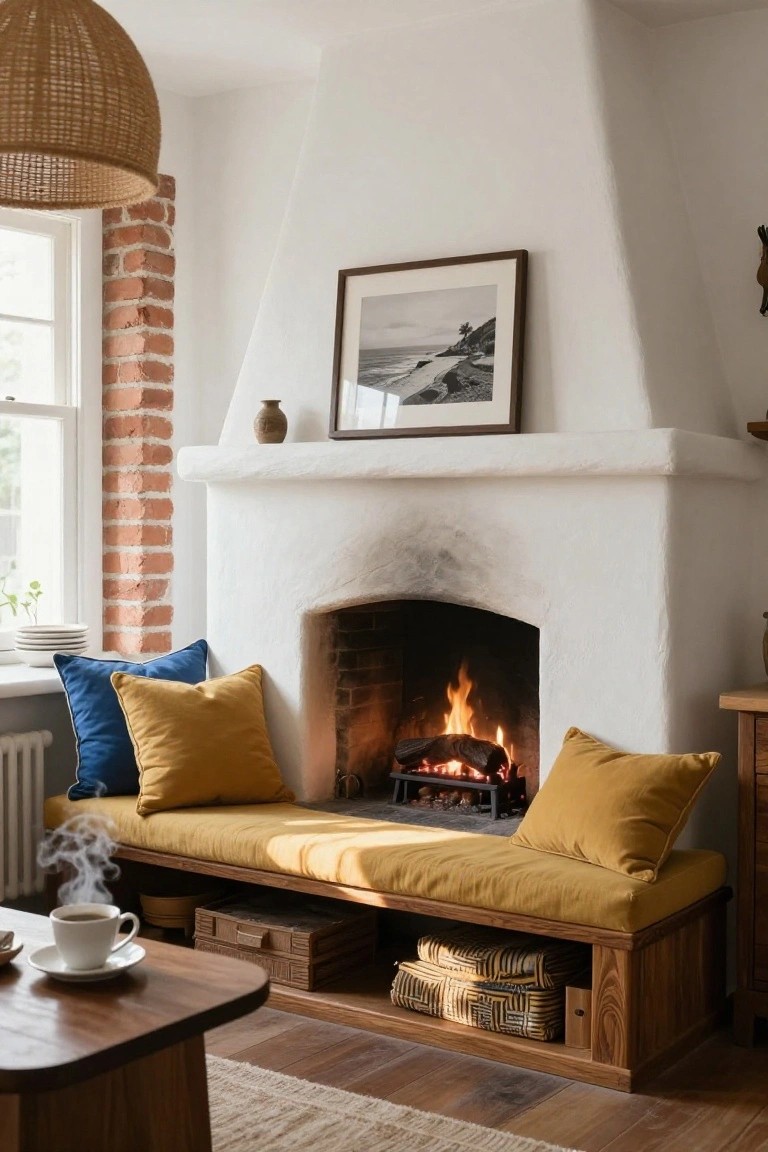 White stucco arched fireplace with burning logs, wooden built-in bench upholstered in yellow fabric with blue and yellow pillows, storage baskets underneath, brick wall and window nearby.