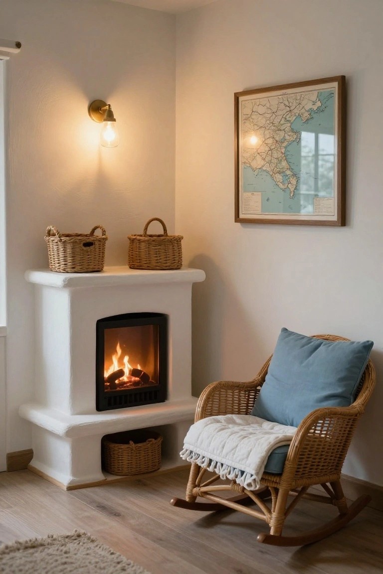 White plaster stove fireplace in a light interior corner with burning fire, adjacent rattan rocking chair with blue cushion and white throw blanket, stacked woven baskets on the stove, wall-mounted lamp, and framed map on the wall.