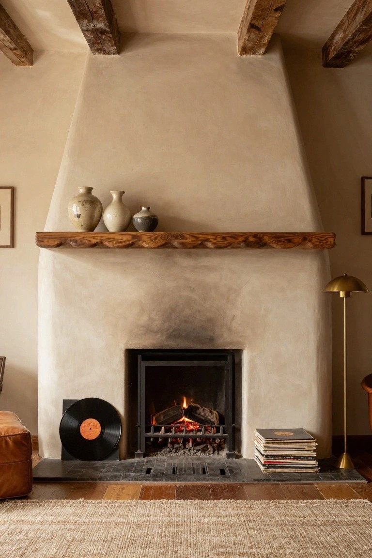 Curved Plaster Chimney with Rustic Mantel