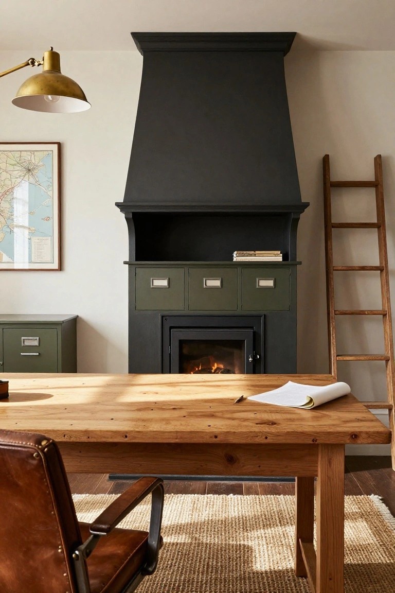 Study room interior with tall matte black fireplace surround featuring olive green cabinet doors below the hearth, wooden desk and leather armchair in front, green filing cabinet, wooden ladder leaning on wall, and framed map on wall.