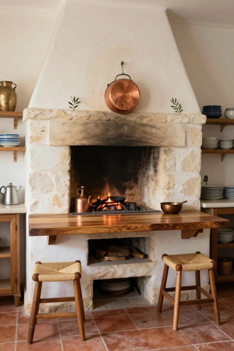 Rustic stone fireplace with overhanging wooden countertop serving as a bar area, two woven wood stools in front, copper pots and dishware on shelves nearby, terracotta tile floor.