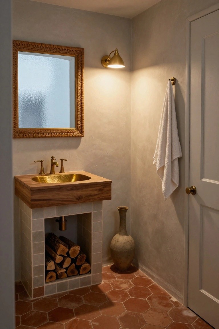 Bathroom with wooden vanity and hammered brass sink over open tiled alcove stacked with firewood, rattan-framed mirror, wall sconce, hanging towel on brass hook, terracotta hexagonal floor tiles, large vase, and closed door.