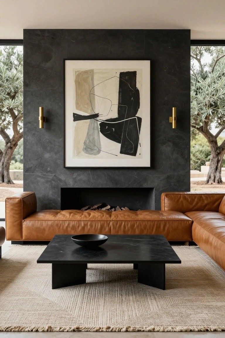 Modern living room featuring dark textured stone walls, a large framed abstract line drawing, recessed black fireplace with burning logs, tan L-shaped leather sofa, black square coffee table holding a black bowl, beige fringed rug, and large windows showing olive trees outside.