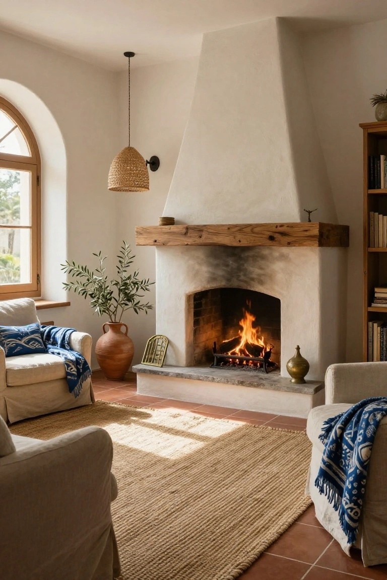 Cozy interior room with tall white stucco fireplace topped by rustic wooden mantel and burning fire, two cream armchairs draped in blue throws on seagrass rug, olive branch in terracotta pot, bookshelves, and arched window on terracotta tile floor.