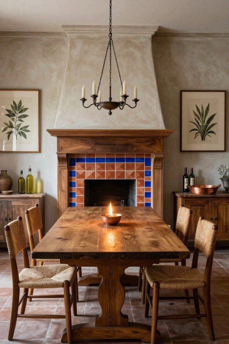 Dining room with wooden table and rush-seated chairs centered before a fireplace featuring terracotta tiles with blue borders, wooden mantel, side cabinets, botanical prints on walls, and terracotta tile floor.