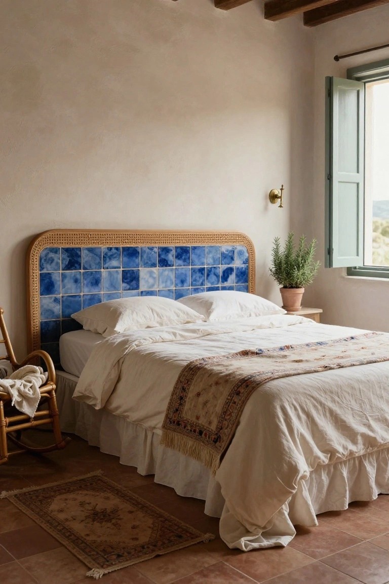 Bedroom with rattan headboard inlaid with blue tiles, white bedding on a low bed, wicker rocking chair with throw, potted rosemary plant, side table, and open green shutters on window.