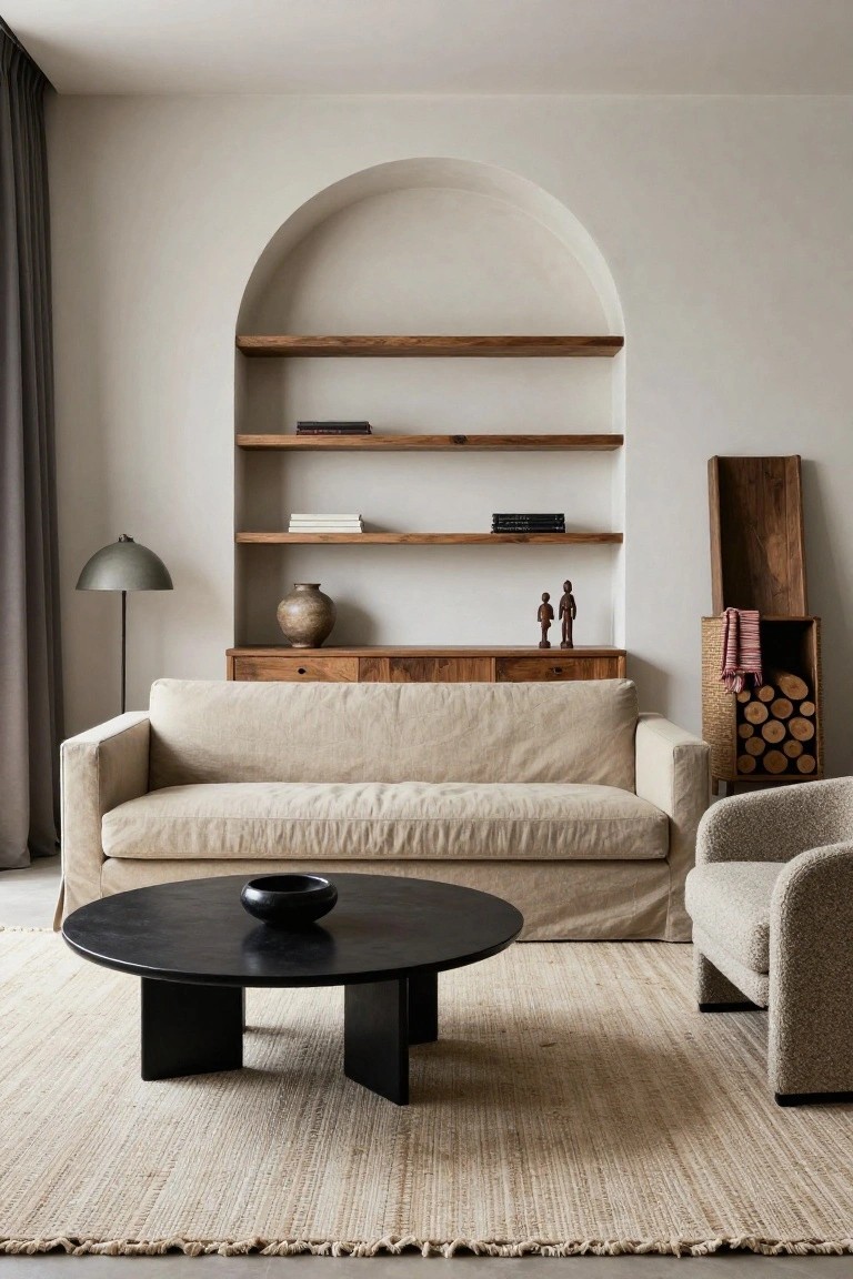 A light-colored living room with a beige linen sofa, black round coffee table on a beige jute rug, cream armchair, floor lamp, and an arched wall niche with three wooden shelves displaying books, a ceramic vase, wooden figures, next to a wood log holder.