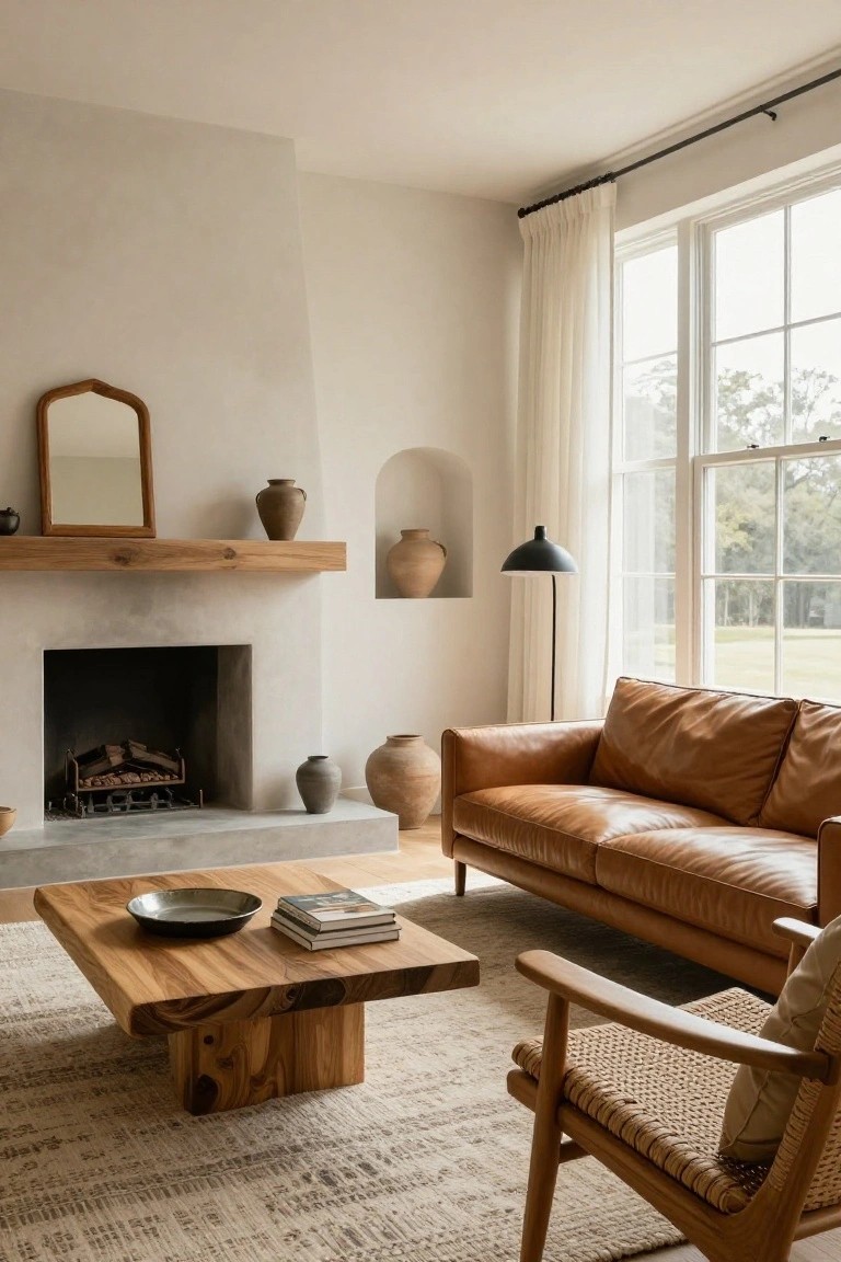 A living room featuring beige textured plaster walls with arched niches holding pottery, a floating wood mantel over a fireplace, tan leather sofa, wood coffee table, rattan armchair, and large curtained windows overlooking a yard.