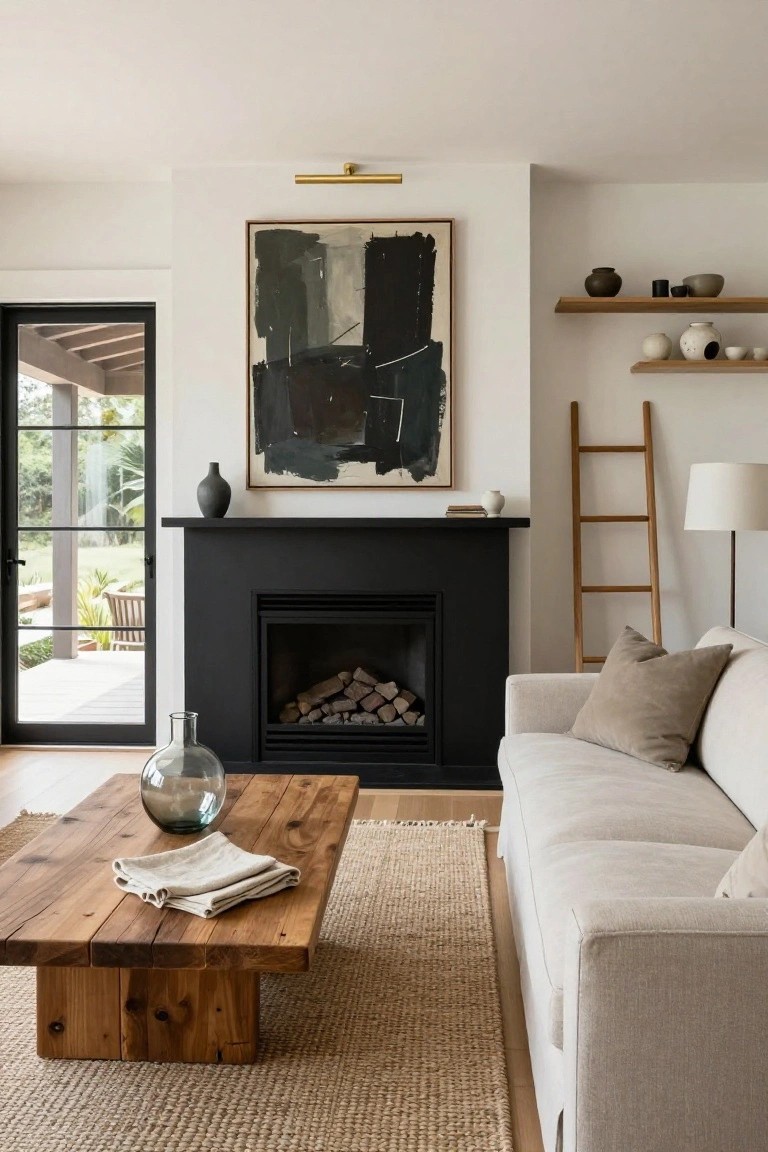 A living room with a matte black fireplace mantel and hearth, large abstract black and white painting above, floating wood shelves with ceramics, wooden ladder shelf, beige sofa, wooden coffee table with glass vase and linens, seagrass rug, and black-framed glass doors opening to a patio.