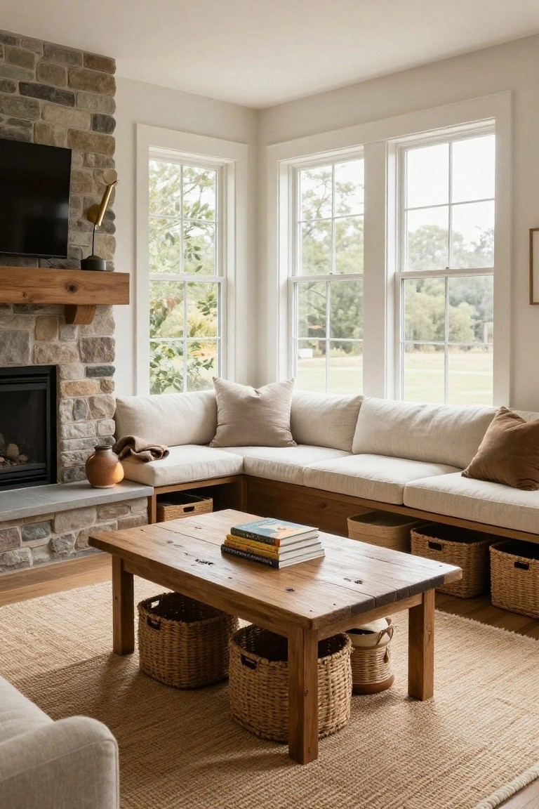 Living room with stone fireplace, TV above mantel, L-shaped built-in beige bench seating along windows, wooden coffee table with stacked books and wicker baskets, neutral rug, and views of trees outside.