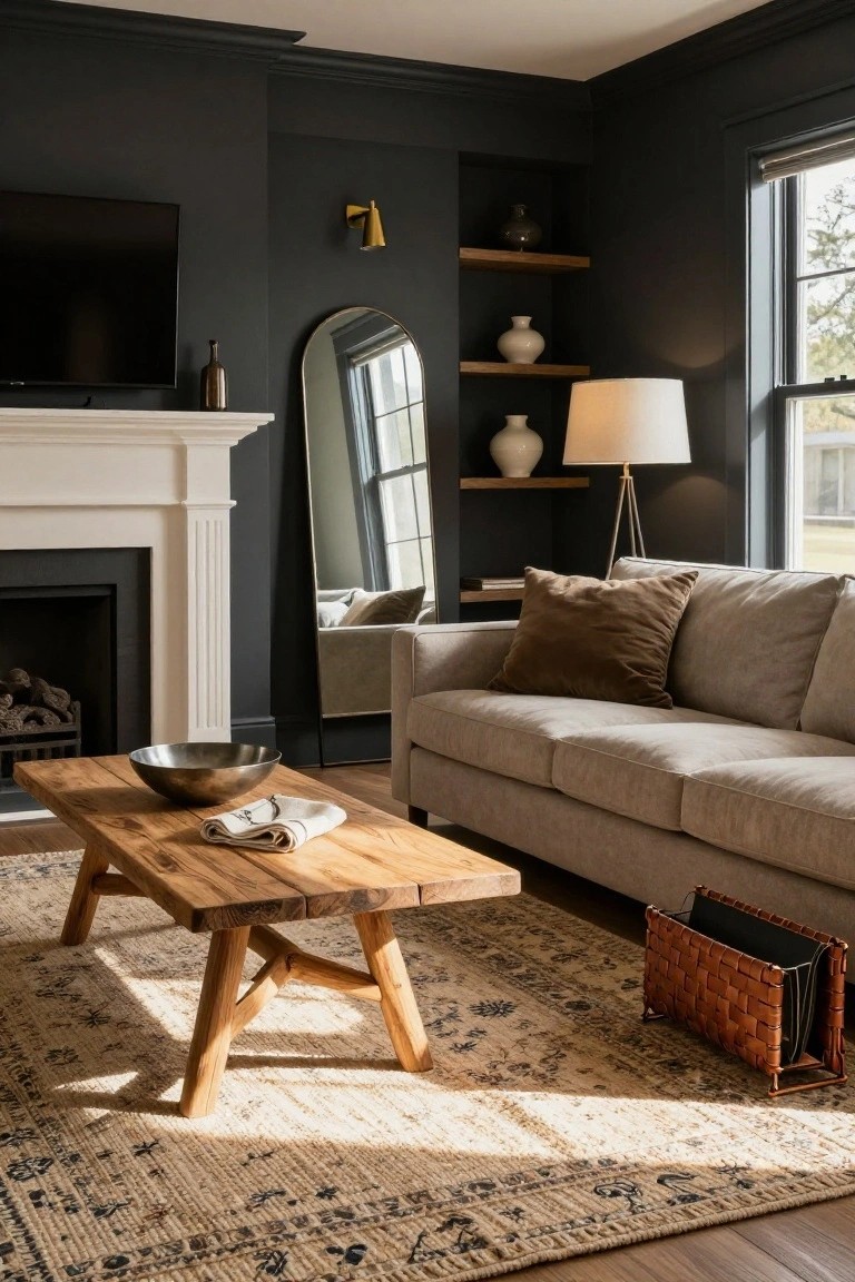 A living room with dark gray walls, white fireplace mantel and firebox, mounted TV above mantel, beige sofa, wooden coffee table, patterned rug, floor lamp, arched mirror, and floating shelves with vases.
