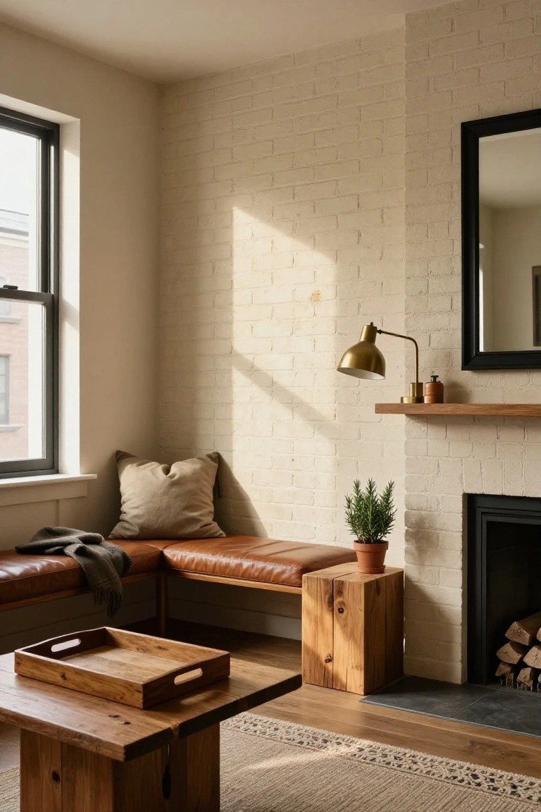 Sunlit living room corner with tan leather bench against white brick wall, wood coffee table, potted rosemary plant on wood stool, gold lamp on wood mantel above black fireplace.