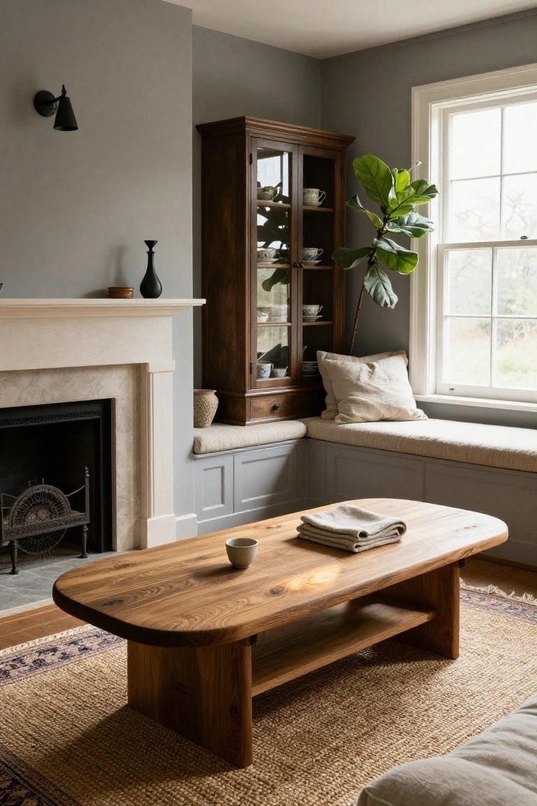 Living room corner with marble fireplace, wooden curio cabinet filled with dishes, fiddle leaf fig plant, built-in gray window seat with beige cushions, oval live-edge wooden coffee table holding a cup and cloth, seagrass rug, and beige sofa.