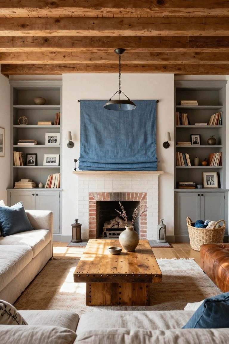 Modern farmhouse living room with exposed wooden beam ceiling, built-in gray bookshelves flanking a white brick fireplace, cream sofas, wooden coffee table, blue curtain, and neutral decor.