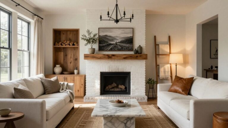 Modern farmhouse living room with white brick fireplace topped by wooden mantel, white sofa with throw blanket, tan leather armchairs, marble side table, and hardwood floors.