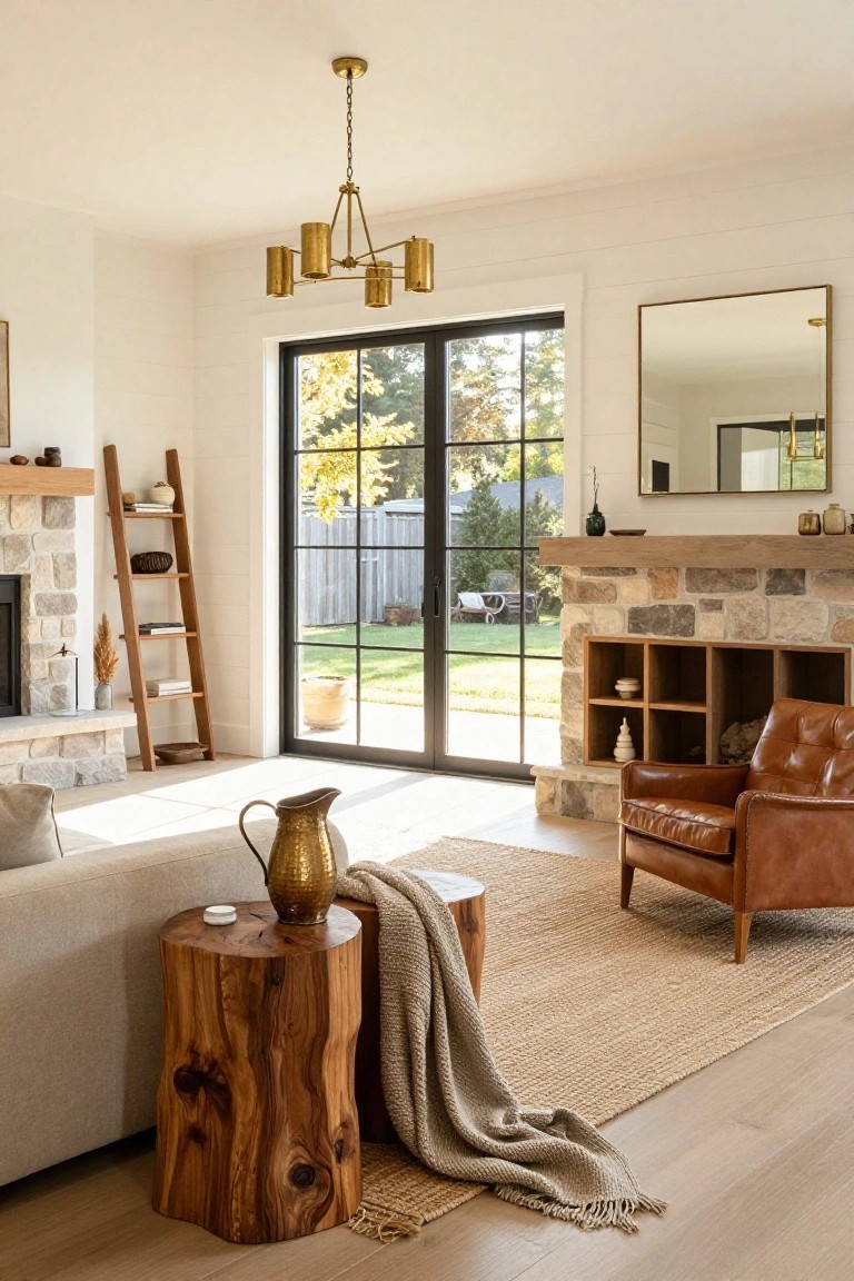 Modern farmhouse living room with stacked stone fireplace, tall leaning wooden ladder shelf holding books and decor, large black-framed sliding doors to backyard yard, brown leather armchair, beige sofa, and wood stump side table.