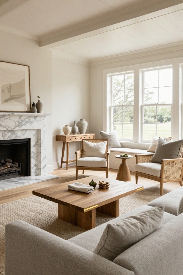 A light-filled living room with a white marble fireplace, wooden coffee table and side tables, rattan armchairs with beige cushions, neutral sofa, large triple windows, and potted plants on the mantel.