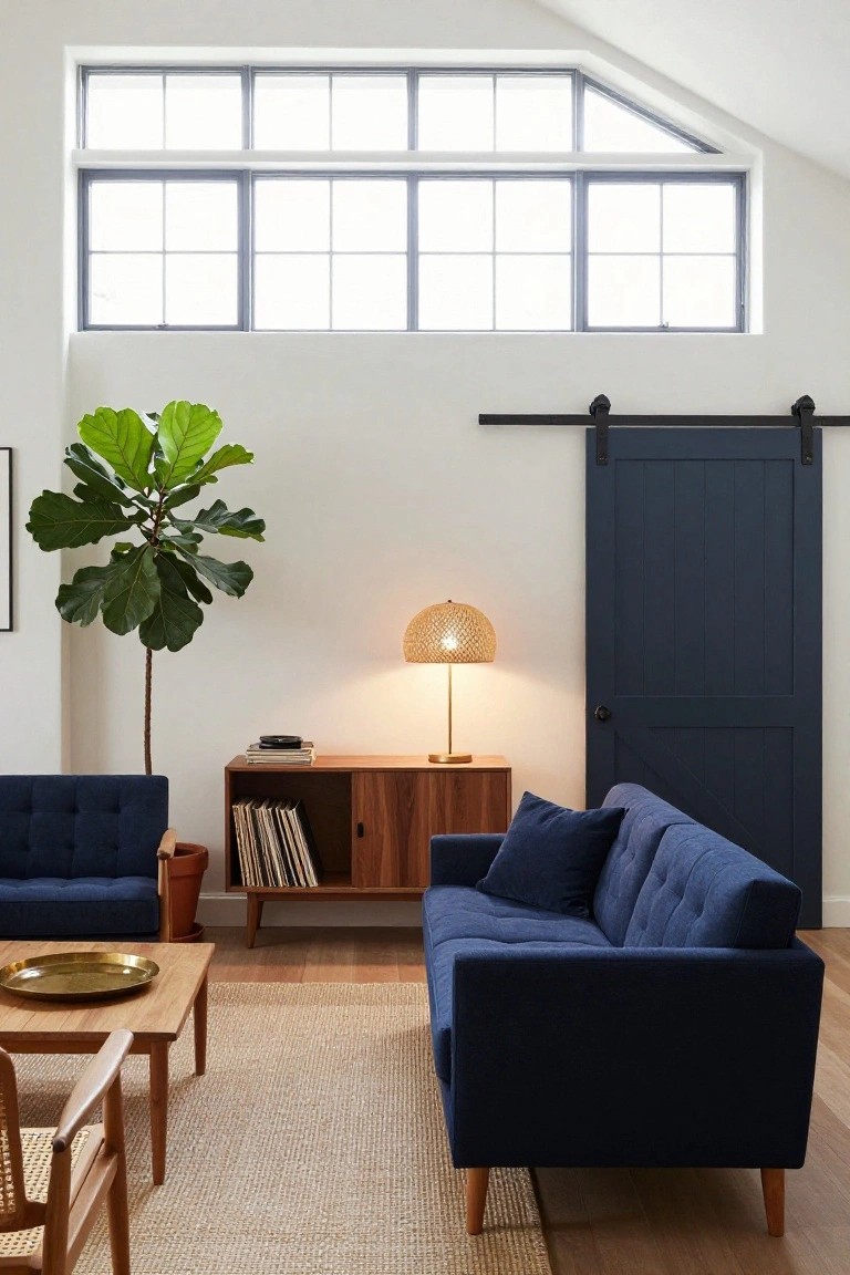 Modern living room featuring a navy blue velvet sofa and armchair, wooden credenza with records, tall fiddle leaf fig plant beside a navy sliding barn door, brass-accented coffee table, rattan chair, and large multipane windows.