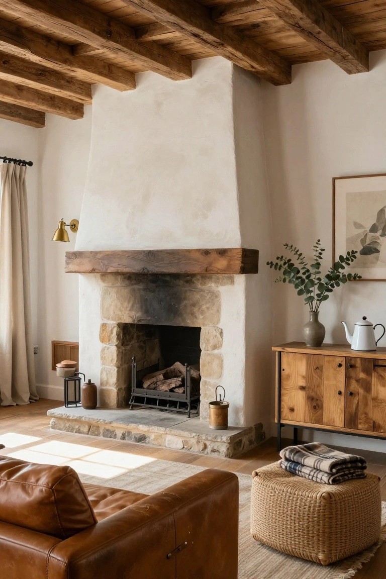 Living room with large rustic stone fireplace, wooden mantel and beams, leather sofa, wooden credenza with teapot and vase, woven stool with blankets, and neutral walls with window light.