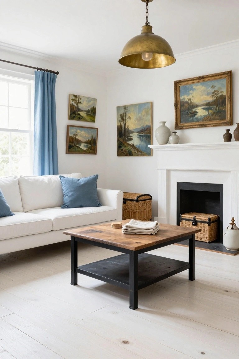Bright living room with white sofa accented by blue pillows, rustic wood coffee table on black metal legs, white fireplace mantel with vases and paintings above, blue curtain on window, brass pendant light, and whitewashed wood floors.