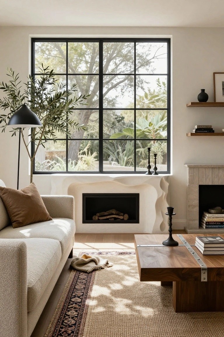 A light living room with cream sofa, wooden coffee table on a rug, wavy white stone fireplace against brick wall, black-framed windows showing trees and plants, potted olive tree, and black floor lamp.