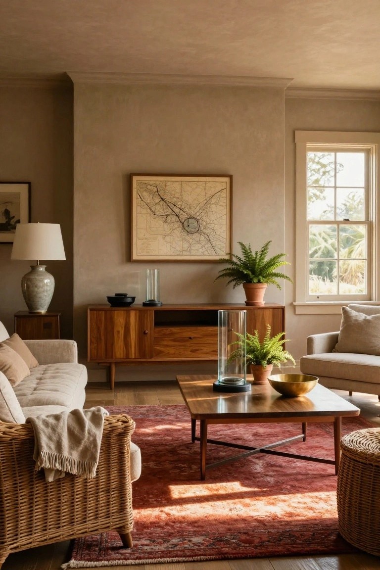A sunlit living room featuring beige textured walls, wooden credenza and coffee table, cream upholstered sofas with wicker chairs, potted ferns, and a red rug on hardwood floors.