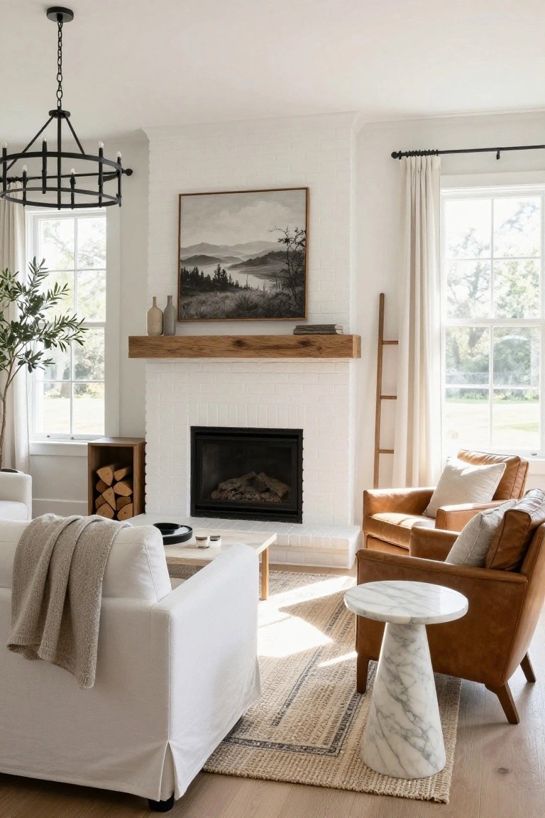 Modern farmhouse living room with white brick fireplace topped by wooden mantel, white sofa with throw blanket, tan leather armchairs, marble side table, and hardwood floors.