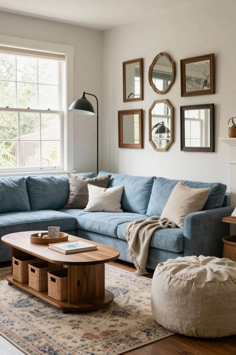 A living room with a blue L-shaped sofa, oval wooden coffee table holding woven baskets and books, cream linen pouf on a patterned rug, and a wall gallery of assorted wood-framed mirrors in various shapes beside a large window.