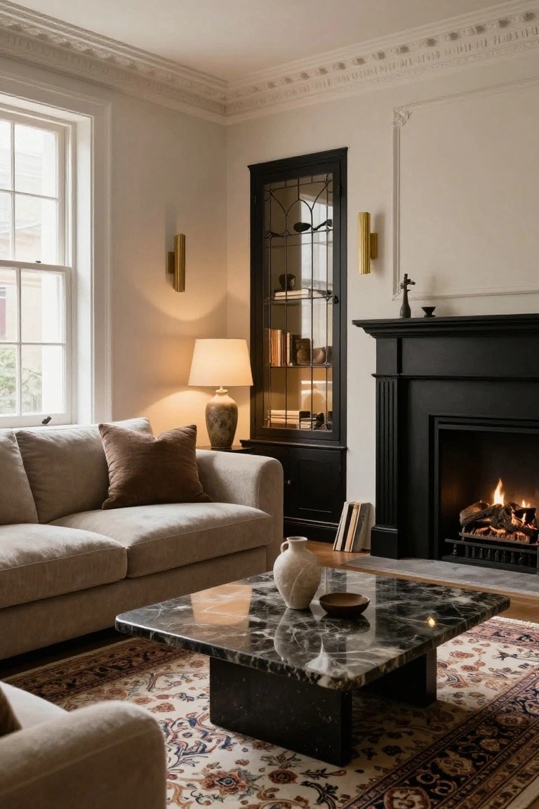 Living room with cream walls, beige sofa with brown pillows, square black marble coffee table on Persian rug, lit black fireplace, black glass-door cabinet, and tall sash windows.