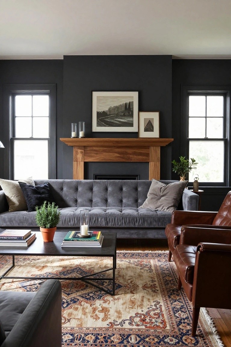 Living room featuring dark gray walls, wooden fireplace mantel with framed art above, gray tufted sofa with pillows and plants, leather armchairs, black metal coffee table with books, and a patterned oriental rug.