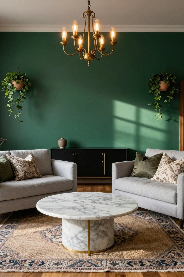 Living room with emerald green walls, two light gray armchairs with assorted pillows facing a round white marble pedestal coffee table on a patterned rug, black credenza nearby, brass chandelier overhead, hanging potted ivy plants, and hardwood floors.