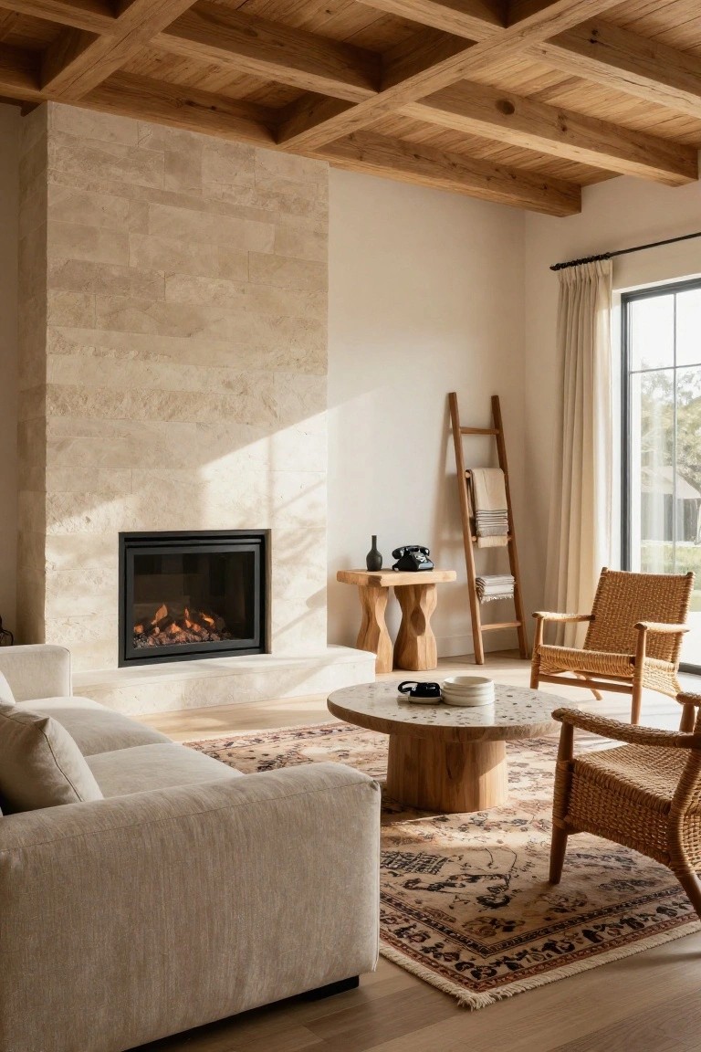 Living room with exposed wooden beam ceiling, beige sofa, rattan armchair, wood coffee table, stone fireplace, ladder towel rack, and Persian rug on light wood floors.