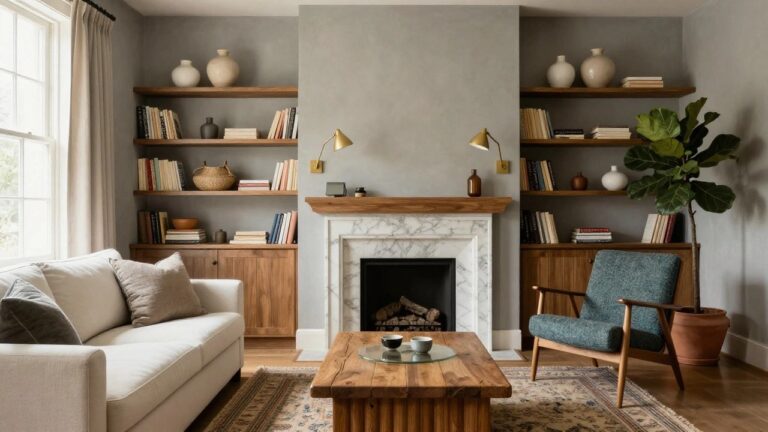 Living room with white marble fireplace topped by oak wood mantel, built-in shelves stocked with books and ceramics, white sofa with teal pillows, wood coffee table, and fiddle leaf fig plant by window.