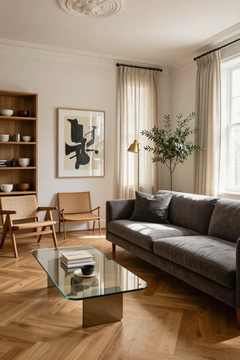Living room with light oak herringbone parquet floors, two rattan armchairs, gray velvet sofa, glass-topped brass coffee table, wooden bookshelf holding ceramics, large abstract black line drawing in oak frame, potted olive tree, brass arched floor lamp, and sheer curtains on tall windows.