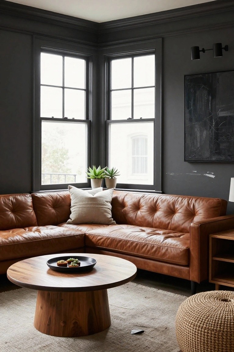 Corner of a living room featuring dark gray walls, two large multipane windows, a tan tufted leather L-shaped sofa, round wood coffee table with small plates, potted plants, floor lamp, side table, and woven ottoman on a light rug.