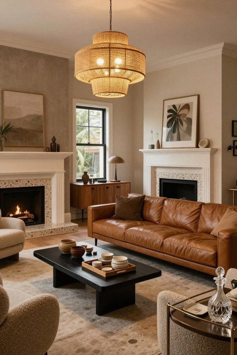 A transitional living room with tan leather sofa, two beige boucle armchairs, black wood coffee table holding ceramics, white fireplace with terrazzo hearth, double rattan pendant light, and neutral textured rug.